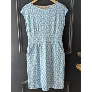 Boden Blue White Florrie Dove Bird Print Cotton Jersey Cap Sleeve Sheath Dress